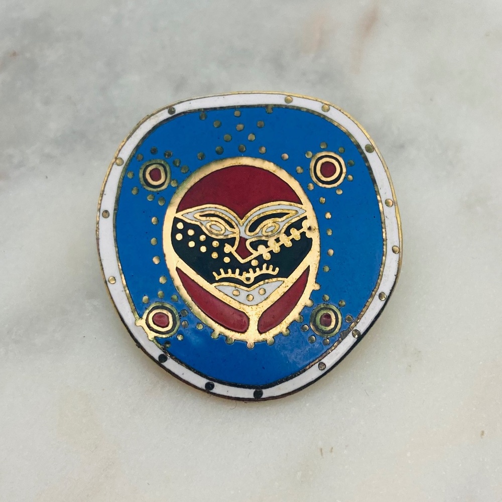Vintage Enamel Cloisonné Tribal Mask Face Blue Red Brooch Art Pin 1.25”  Unusual